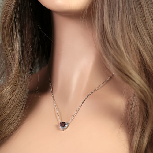 Sterling Silver Dark Garnet and Clear CZ Heart Halo Necklace