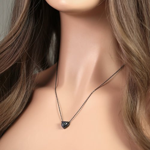 Sterling Silver Rainbow and Black CZ Heart Halo Black Rhodium Plated Necklace
