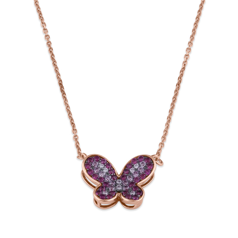 Sterling Silver Rose Gold Plated Pink and Clear Butterfly CZ Necklace