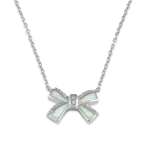 Sterling Silver White Lab Opal and CZ Bow Necklace