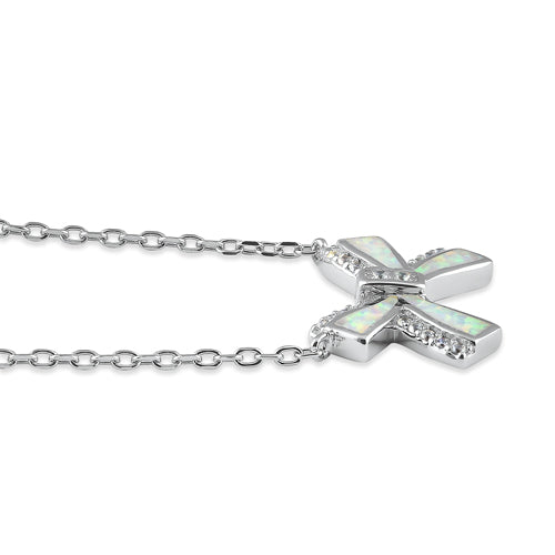 Sterling Silver White Lab Opal and CZ Bow Necklace