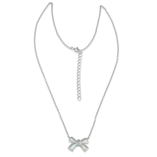 Sterling Silver White Lab Opal and CZ Bow Necklace