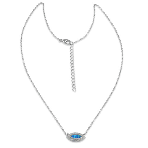 Sterling Silver Blue Lab Opal and CZ Evil Eye Necklace