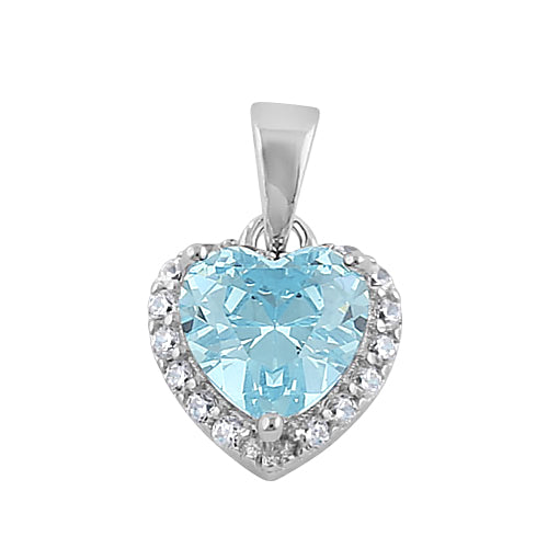 Sterling Silver Heart Shape Aquamarine CZ Pendant