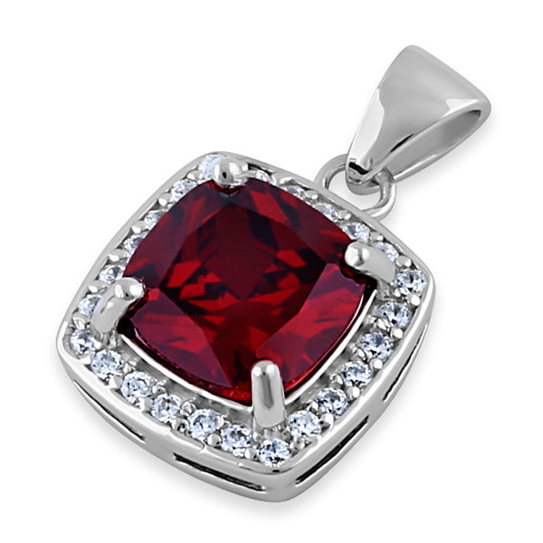 Sterling Silver Garnet CZ Cushion Halo Pendant