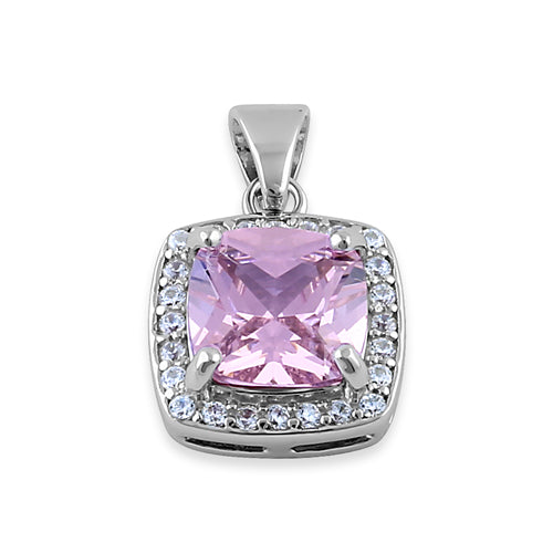 Sterling Silver Pink CZ Cushion Halo Pendant