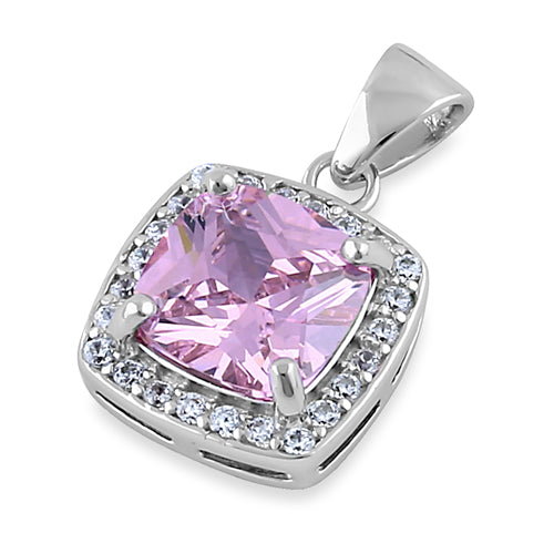 Sterling Silver Pink CZ Cushion Halo Pendant