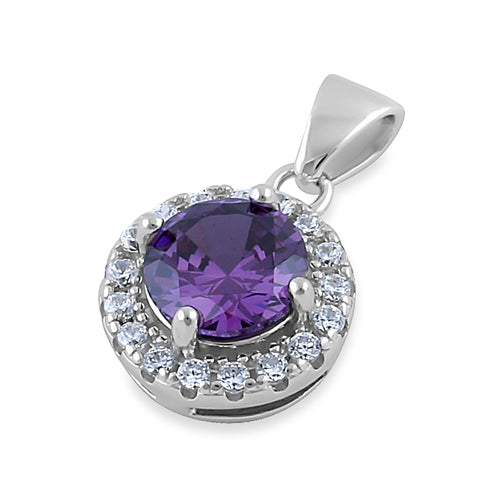 Sterling Silver Round Amethyst CZ Halo Pendant