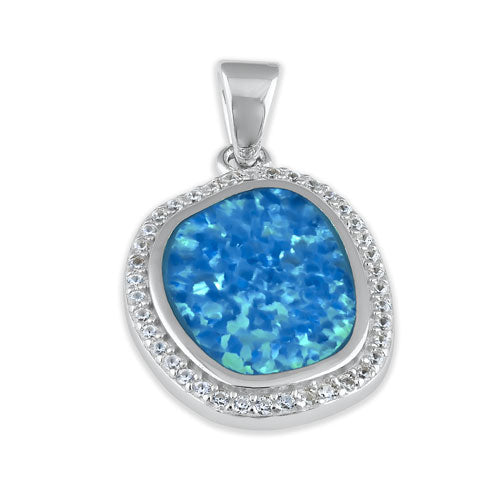 Sterling Silver Unique Blue Lab Opal with CZ Halo Pendant