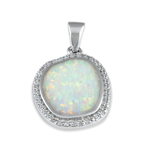 Sterling Silver Unique White Lab Opal with CZ Halo Pendant