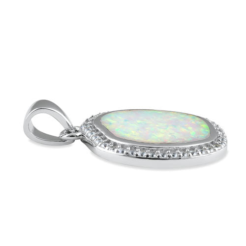 Sterling Silver Unique White Lab Opal with CZ Halo Pendant