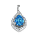 Sterling Silver Elegant Blue Lab Opal Drop with CZ Halo Pendant