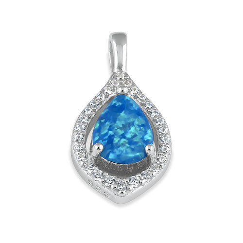 Sterling Silver Elegant Blue Lab Opal Drop with CZ Halo Pendant