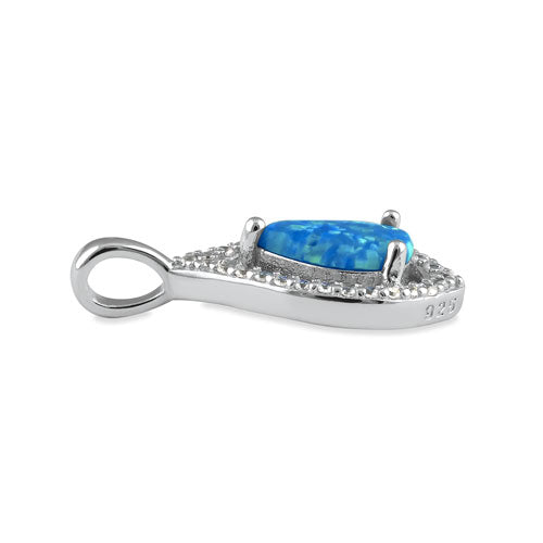 Sterling Silver Elegant Blue Lab Opal Drop with CZ Halo Pendant