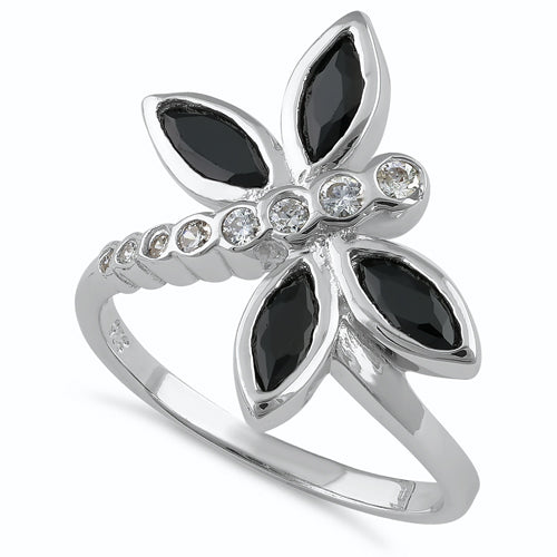 Sterling Silver Black Winged Dragonfly CZ Ring