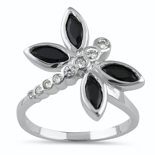 Sterling Silver Black Winged Dragonfly CZ Ring