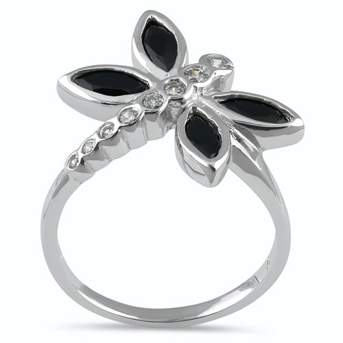 Sterling Silver Black Winged Dragonfly CZ Ring