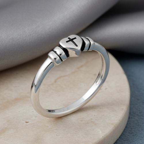 Sterling Silver Heart with Cross Ring