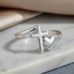 Sterling Silver Heart Cross Ring