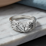 Sterling Silver Cross Heart Wings Ring