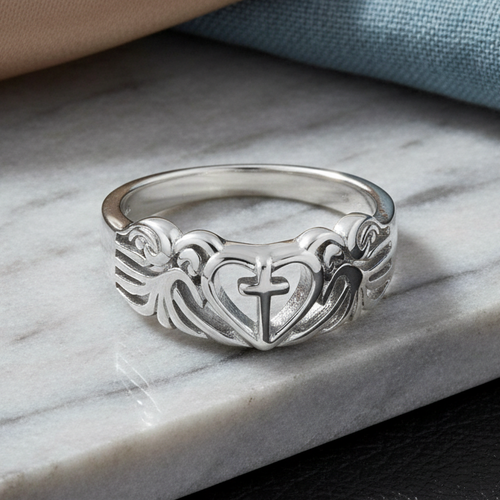 Sterling Silver Cross Heart Wings Ring
