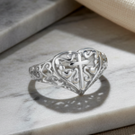 Sterling Silver Cross and Multiple Hearts Ring