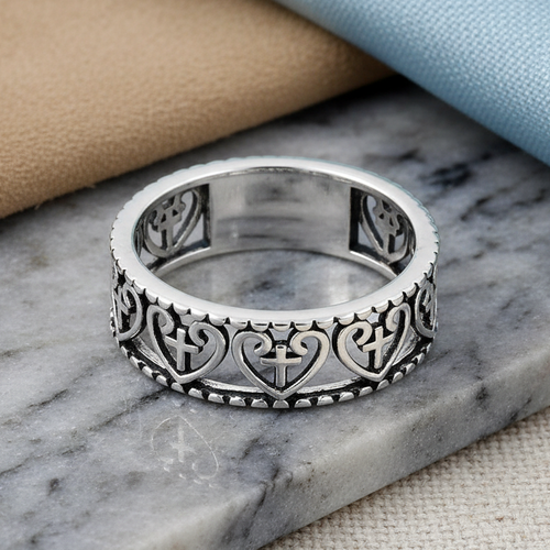 Sterling Silver Multiple Heart and Cross Ring