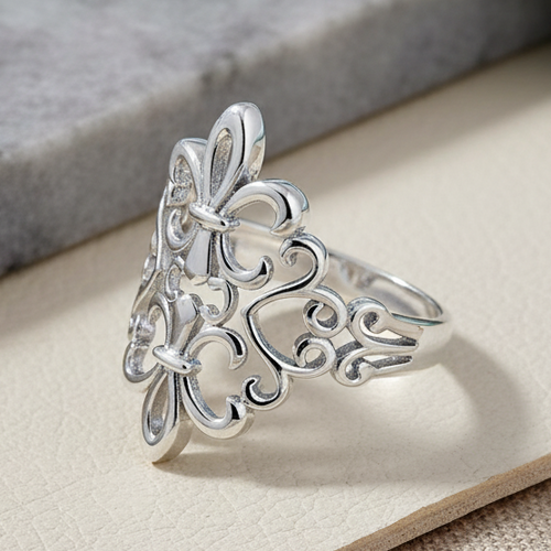 Sterling Silver Double Fleur de Lis Heart Ring