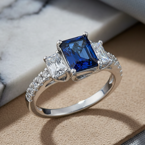 Sterling Silver Rectangular Blue CZ Ring
