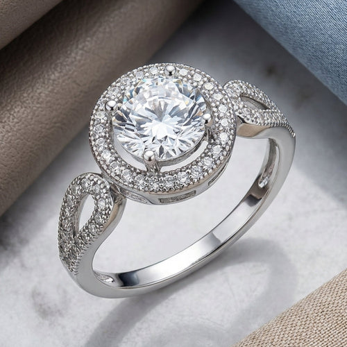 Sterling Silver Clear CZ Halo Engagement Infinity Band Ring
