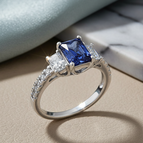 Sterling Silver 3-Stone Tanzanite-tone CZ Ring