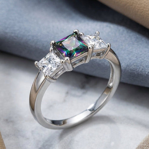 Sterling Silver Triple Square Center Rainbow Topaz CZ Ring