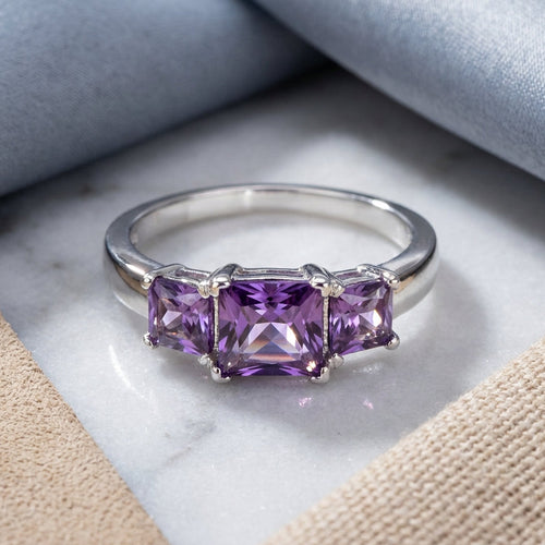 Sterling Silver Triple Square Amethyst CZ Ring
