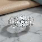 Sterling Silver 3 Stone Halo Engagement CZ Ring