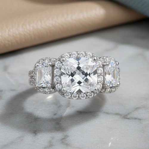 Sterling Silver 3 Stone Halo Engagement CZ Ring