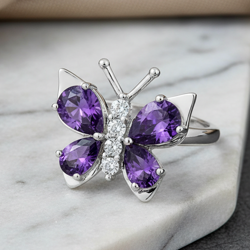 Sterling Silver Purple CZ Butterfly Ring