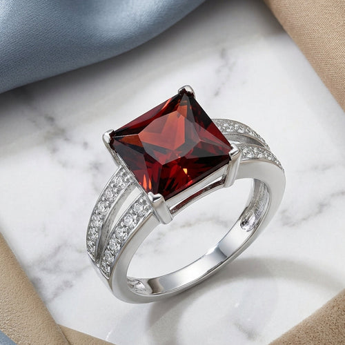 Sterling Silver Garnet Square CZ Ring