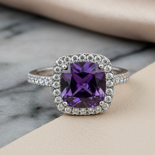 Sterling Silver Cushion-Cut Purple CZ Ring