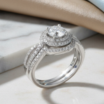 Sterling Silver Halo CZ Wedding Set Ring