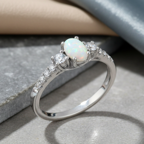 Sterling Silver Oval White Lab Opal CZ Ring