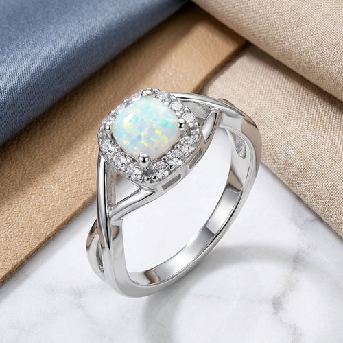 Sterling Silver Square White Lab Opal CZ Ring