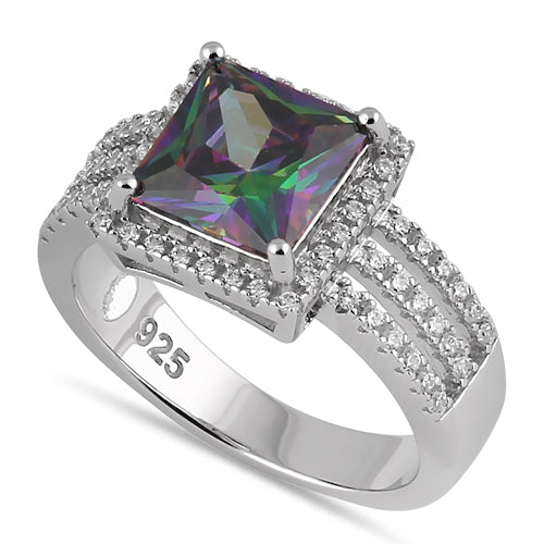 Sterling Silver Rainbow Topaz Princess Cut CZ Ring