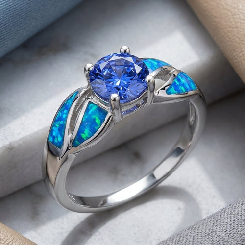 Sterling Silver Lab Opal Tanzanite-tone CZ Ring