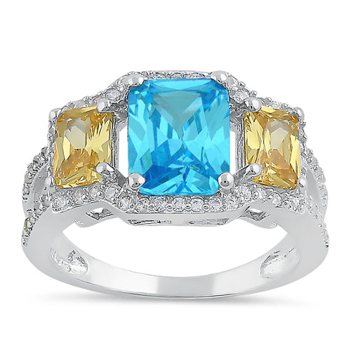 Sterling Silver 3 Stone Blue Topaz & Yellow CZ Ring