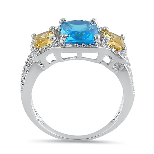 Sterling Silver 3 Stone Blue Topaz & Yellow CZ Ring