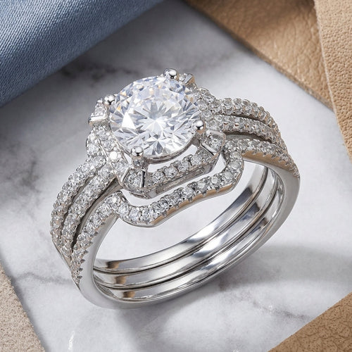 Sterling Silver Halo CZ 3-Piece Engagement Ring