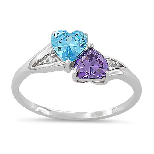 Sterling Silver Double Heart Amethyst CZ & Aquamarine CZ Ring