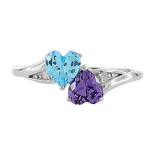 Sterling Silver Double Heart Amethyst CZ & Aquamarine CZ Ring