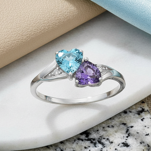 Sterling Silver Double Heart Amethyst CZ & Aquamarine CZ Ring
