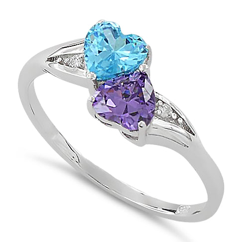 Sterling Silver Double Heart Amethyst CZ & Aquamarine CZ Ring